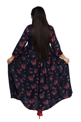 Hasati Frock with Dark Blue Base, Red Flowers, Laces, and Full Front Buttons